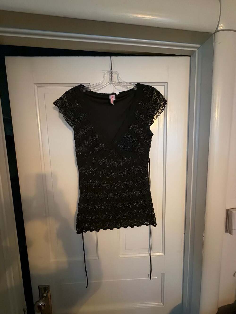 Heart Soul Black Metallic Lace V-Neck Short Sleeve Top